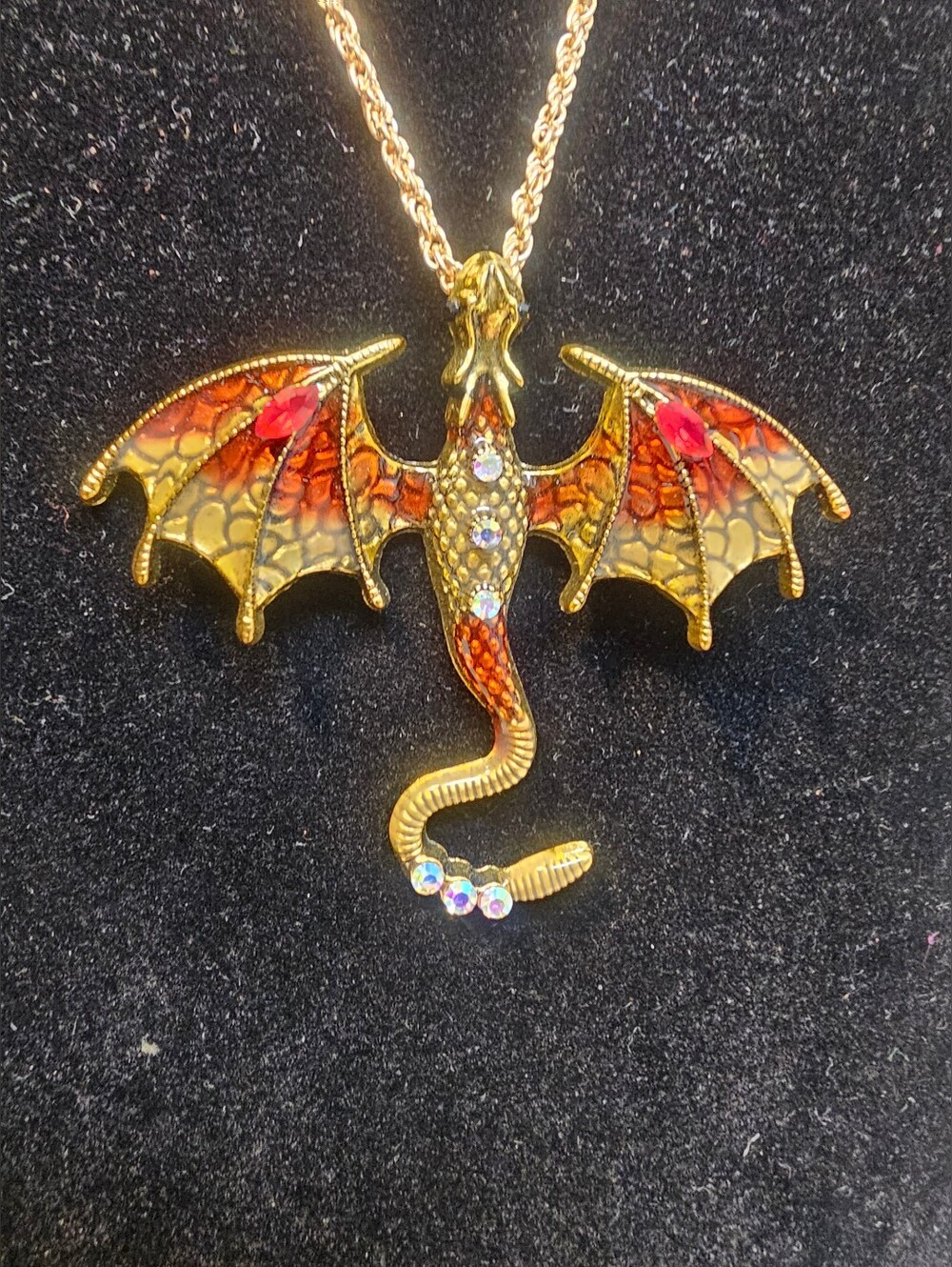 Gold Dragon Wing Pendant Necklace with Red and Orange Enamel